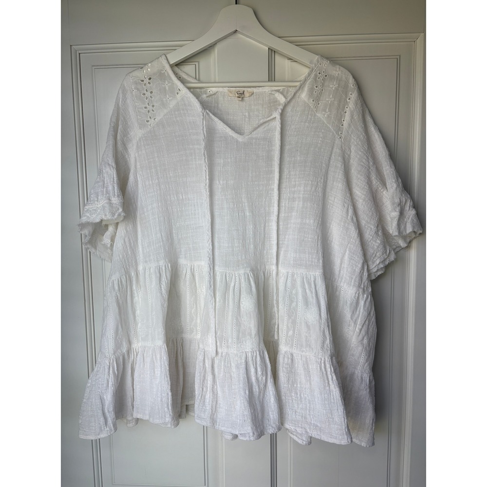 Easel Babydoll Top Large White Eyelet Embroidered Tiered Cotton Gauze Boho
